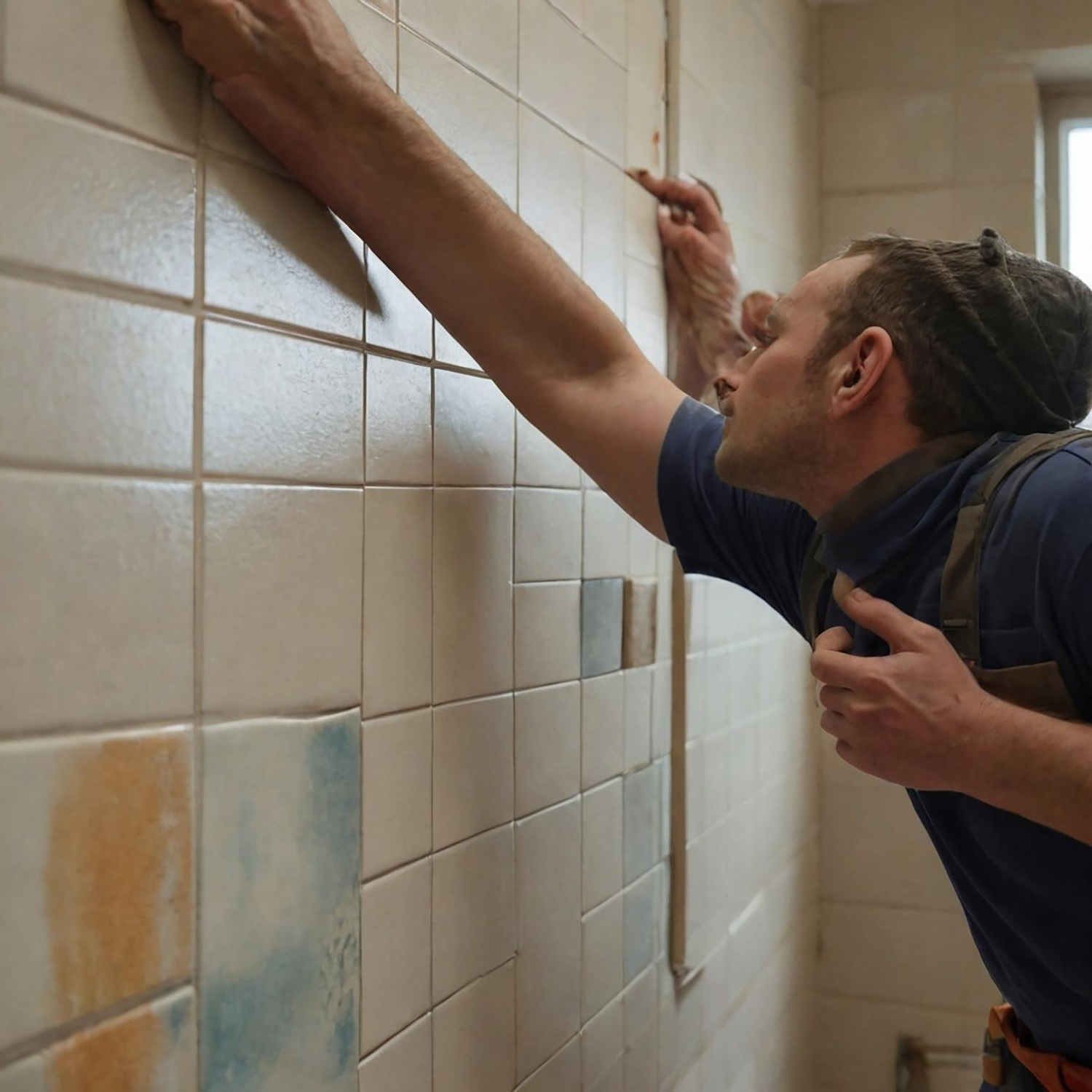 Funcionário ajustando o azulejo