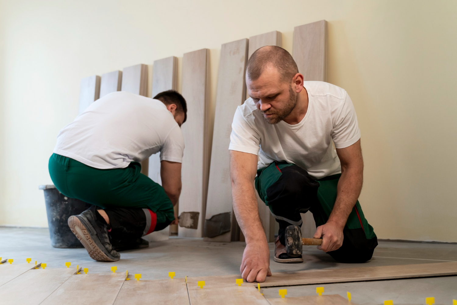 Homens durante assentamento de piso em casa Homens durante assentamento de piso em casa