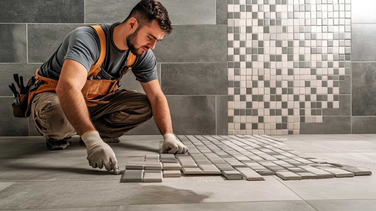 Funcionário monta mosaico no chão de casa