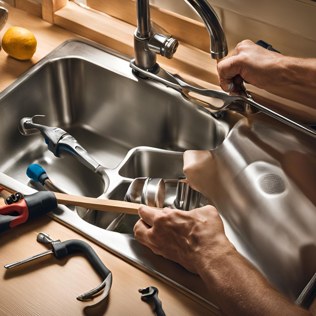 Homem ajusta sifão na cozinha