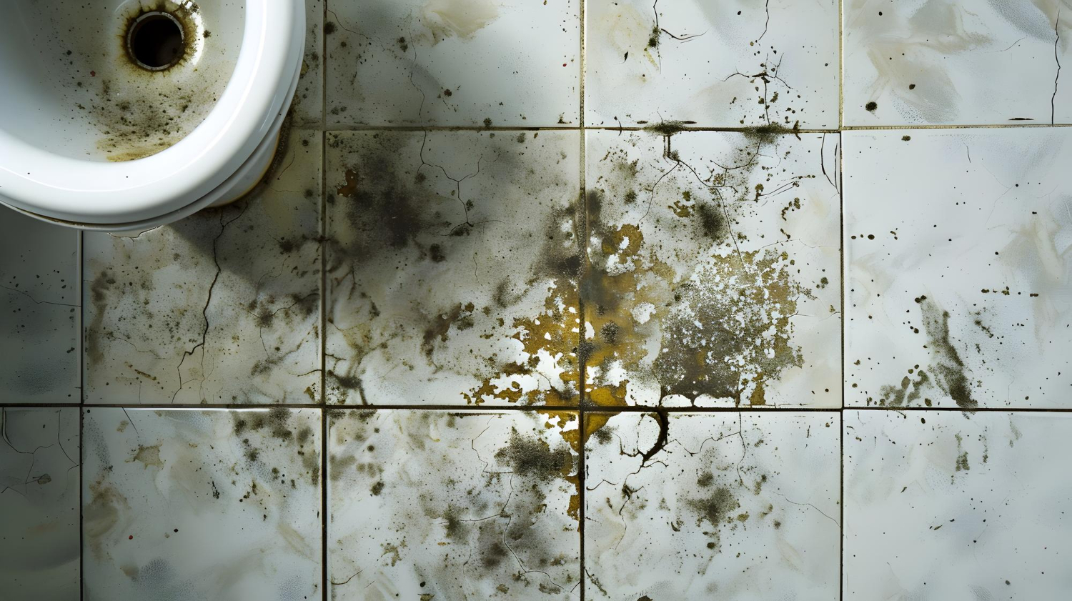 Aspecto de infiltração no piso do banheiro
