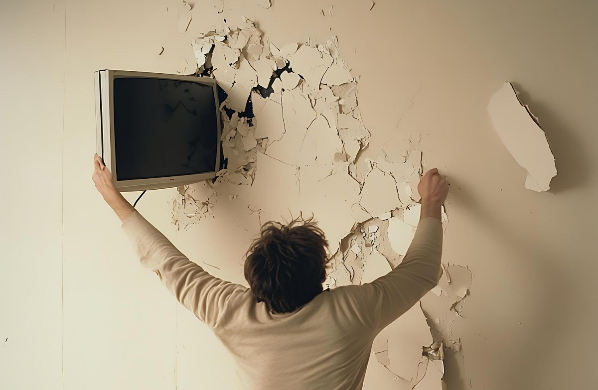 homem observa parede descascando em casa