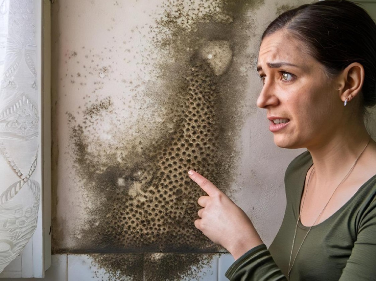 Mulher observa umidade em casa