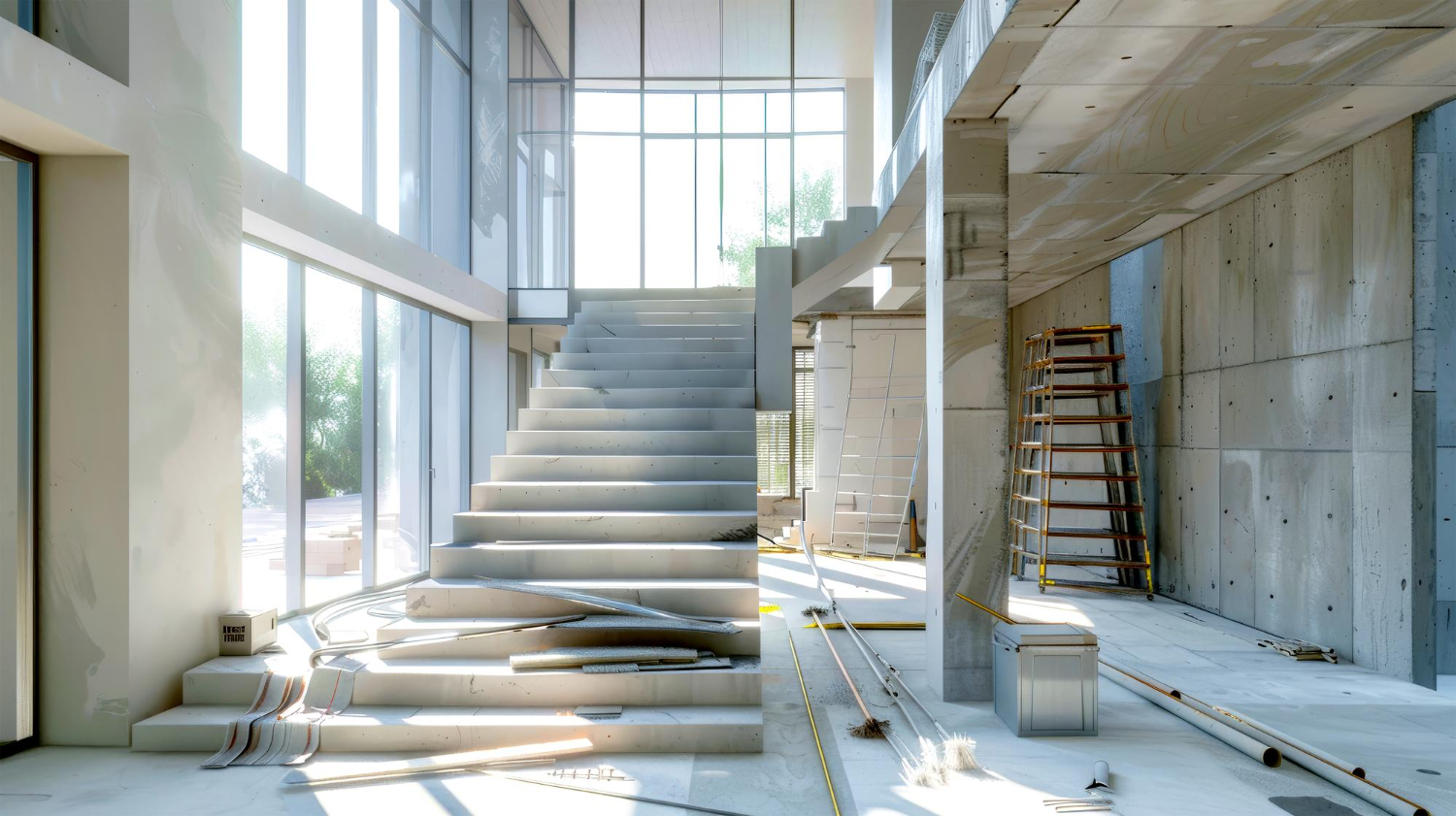 Visão geral de uma sala com escada recém-construída. Imagem: Freepik