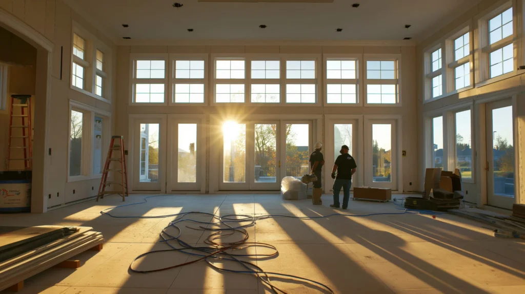 Spacious Indoor Room Construction With Large Windows Sunlight Streaming Ladders Cables Two Workers Discussing Scaled Resultado